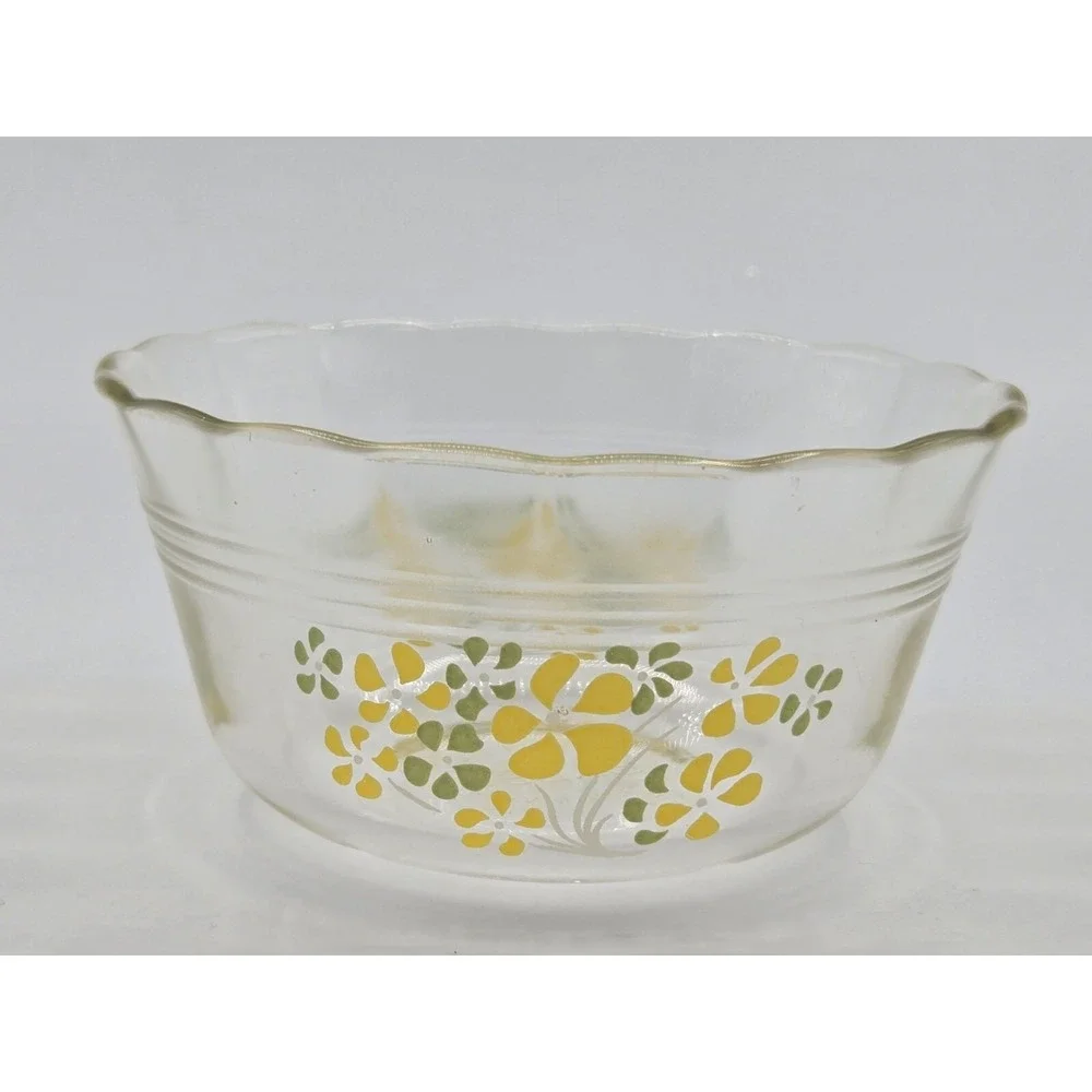 Vtg PYREX Japan Custard Bowl 463 Yellow Green Flowers RARE Daisy Print Cup Iwaki